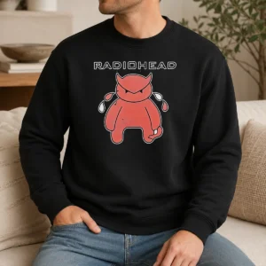 Nice Radiohead Distressed Crying Devil Character Sweater in dark gray with front graphic print