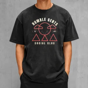 Top Humble Gents Social Club EST 2016 Mountains Clouds Sun design on a washed t shirt in neutral tones