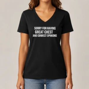 Awesome Sorry For Having Great Chest And Correct Opinion Geek V Neck Shirt in black, featuring bold white text on a comfortable v neck tee