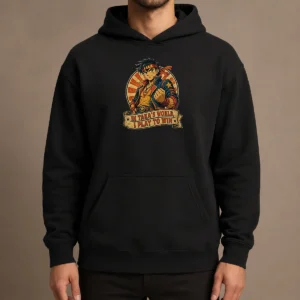 Awesome Takas World Vintage Anime Characters Passion Hoodie in black with vibrant anime character print and front pocket