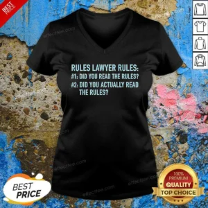 Good Rules Lawyer Rules Geek V Neck Shirt v neck optimized in dark color showing front design and fitted cut
