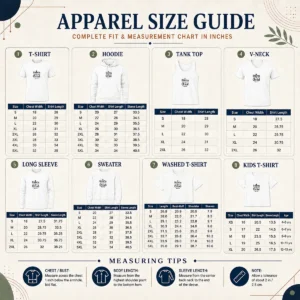 Hot Sisters In Christ size chart showing garment measurements in inches and cm for accurate sizing