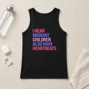 Good I Hear Migrant Children Also Have Heartbeats Bold Statement Text tank top in black with white lettering, sleeveless casual wear