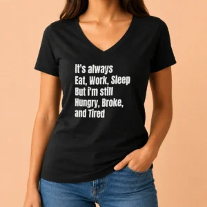 Hot Top It'S Always Eat Work Sleep But I'M Still Hungry Broke And Tired V-Neck Shirt
