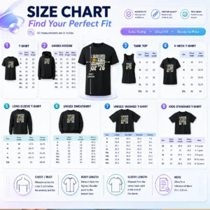 Size chart for Pretty I Survived The Summer Of 1976 Retro with measurements in inches and cm