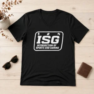 Top ISG Intersection Of Sports And Gaming Podcast Fans And Media Collectors V Neck Shirt in dark color, short sleeves, soft fabric