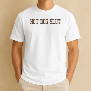 Funny Top Dog Slut t shirt in classic crew neck style with bold graphic text on front