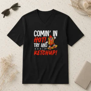 Original Comin' In Hot! Try And Ketchup Funny Hot Dog V Neck Shirt in classic black with bold graphic print