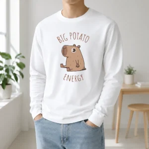 Hot Big Potato Energy Capybara Long Sleeve Shirt in white with front graphic print