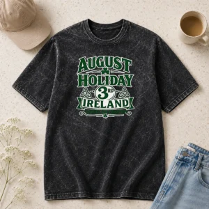 Premium August Holiday Ireland Family Celebration Silhouette design on a soft washed t shirt, showing front view in white color