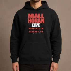 Premium Niall Horan Live Nashville Hershey Tour Hoodie in black, front view with kangaroo pocket and drawstring hood