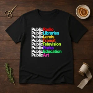 Funny Public Radio Libraries Lands Transit Television Parks Education Art graphic on a classic white short sleeve t shirt