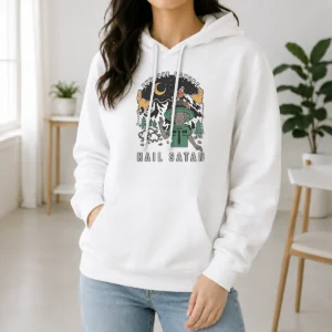 Top Goat Scout Pointing Explore Nature Hail Satan Hoodie in charcoal gray with front graphic print