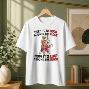 Original Horse Used To Be Rock Around The Clock Now It'S Limp Around The Block printed on a classic crew neck t shirt