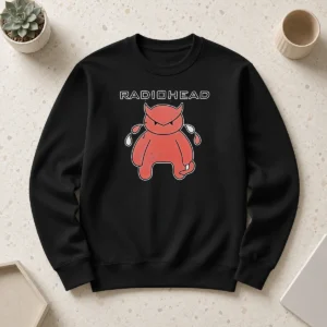 Funny Radiohead Distressed Crying Devil Character Sweater featuring a unique distressed devil graphic on a cozy crewneck sweatshirt