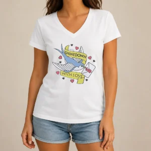 Nice Original From Shinedown With Love Swallow Bird Carrying Letter Rock Music V-Neck Shirt