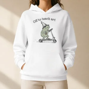 Funny Premium Frog Off To Teach Art With Iced Coffee On Scooter Hoodie