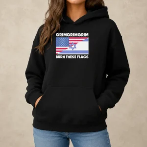 Pretty United States Israel Flag Grimgrimgrim Burn These Flags Hoodie in black, front view with drawstring hood and kangaroo pocket