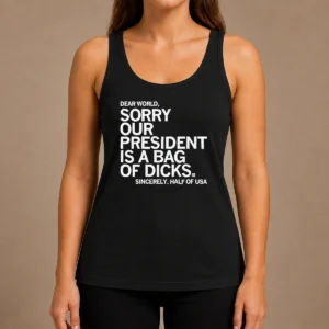 Premium Nice USA President Dear World Sorry Our Is A Bag Of Dicks Sincerely Half Of Text Tank Top