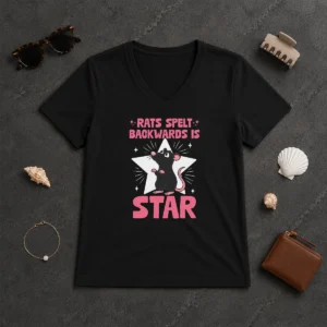 Good Rat Humor Gift Rats Spelt Backwards Is Star V Neck Shirt in heather gray with short sleeves
