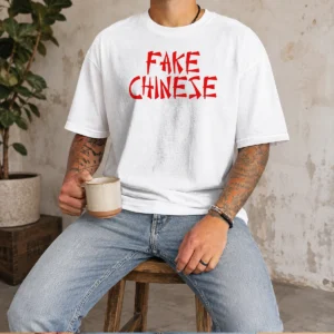 Official Fake Chinese Typography Statement Expression Parody t shirt in classic fit with bold text design on front