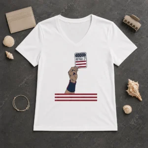 Funny USA Article 27 Card V Neck Shirt showing patriotic graphic on a comfortable fitted V neck tee