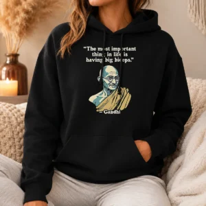 Good Gandhi Important Quote Hoodie in black with front text design, displayed on a mannequin