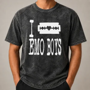 Nice I Love Emo Boys Heart Razor Blade Washed T-Shirt