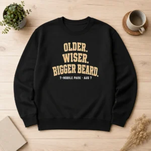 Original Older Wiser Bigger Beard T Mobile Park Aug 7 Sweater in charcoal gray with crew neck and long sleeves