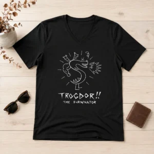 Premium Trogdor The Burninator Homestar Runner V Neck Shirt in black with graphic print, soft fabric and fitted style