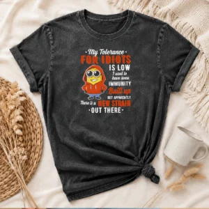 Funny My Tolerance For Idiots Is Low New Strain Out There Minion printed on a soft washed t shirt in light gray