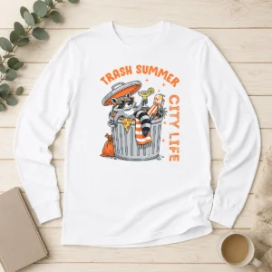 Good Funny Trash Summer City Life Raccoon Long Sleeve Shirt featuring a playful raccoon graphic on comfortable long sleeve fabric