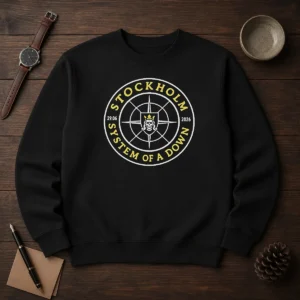 Top System Of A Down Stockholm 2026 Tour Badge Sweater featuring a tour badge graphic on a cozy crewneck sweater