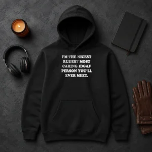 Pretty I'M The Nicest Rudest Most Caring IDGAF Person You'Ll Ever Meet hoodie in black, front view with bold white text design