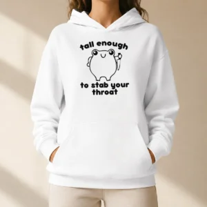 Official Tall Enough To Stab Your Throat Frog Hoodie in black, featuring a bold graphic on the front with a comfortable fit