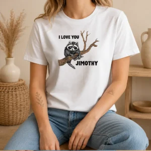 Pretty I Love You Jimothy t shirt in white with bold graphic print on front, classic crew neck cotton tee