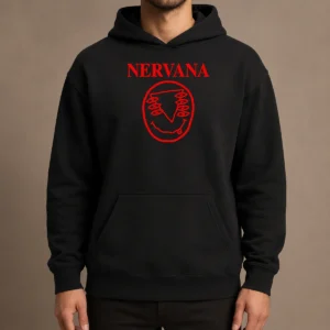 Nice Nervana Eyes And Smiley Face Red Hoodie front view with vibrant red color and graphic design