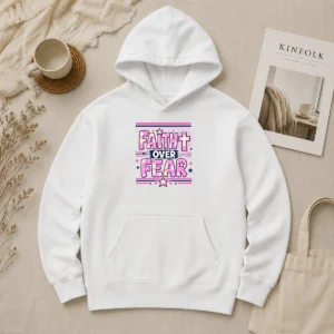 Funny Faith Over Fear Motivational Christian Quote Hoodie in black, featuring bold white typography on a comfortable pullover hoodie