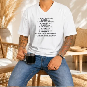 Top No One Lasts Forever Featuring David Cronenberg Tracklist V Neck Shirt in black with detailed tracklist print