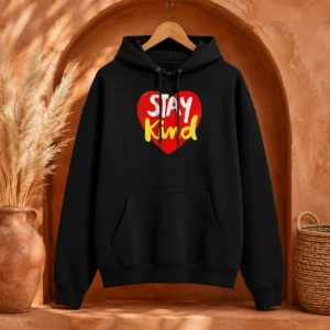 Original Funny Stay Kind Heart Hoodie in charcoal gray with front pocket and drawstring hood