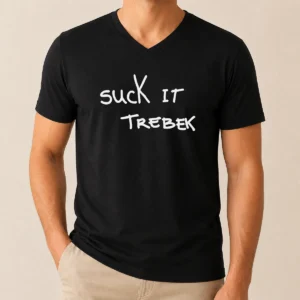 Official Awesome Suck It Trebek Chalk Text V Neck Shirt in black with white chalk-style lettering