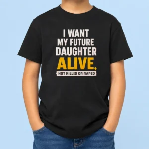 Good I Want My Future Daughter Alive Not Killed Or Raped kids t shirt in white, front view with bold black text design