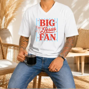 Hot Big Jesus Fan Retro Striped V Neck Shirt featuring bold retro stripes and a comfortable fit