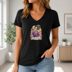 Pretty Good Halloween Skeleton Girl Coffee Quote Watercolor V-Neck Shirt