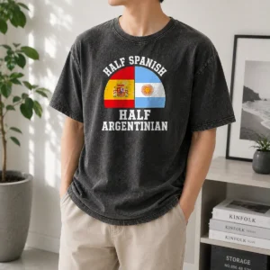 Official Half Spanish Half Argentinian Flags Washed T Shirt in soft cotton fabric displayed front view