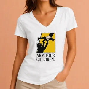 Good Black Cat Holding Submachine Gun And Hand Arm Your Children V Neck Shirt in black, front view