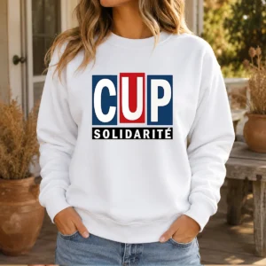 Pretty CUP Solidarity Red White Blue Logo Sweater front view showing patriotic logo on cozy red sweater