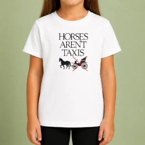 Nice Original Horses Aren'T Taxis Carriage Crossed Out Statement Kids T Shirt in bright colors, short sleeve cotton tee for children