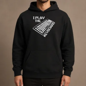 Premium Pretty I Play The Keyboard Pixel Art Gamer Computer Hoodie in black, featuring pixel art gaming design on front