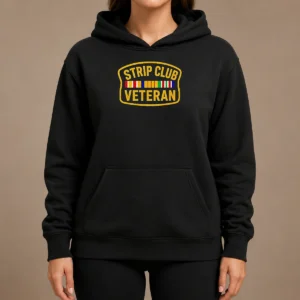 Awesome Hot Strip Club Veteran Logo hoodie in black, front view with bold graphic print